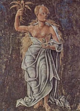 Mittelalterlich Abbildung von "Ceres", der römischen Göttin des Ackerbaus - in der Hand hält sie als Symbol Ähren von Getreide. Die griechische Entsprechung zu dieser Göttin hieß "Demeter". (Quelle: Wikipedia)